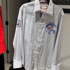 Men's Robert Graham Blue Striped Shirt with Embroidered Logo Cubs